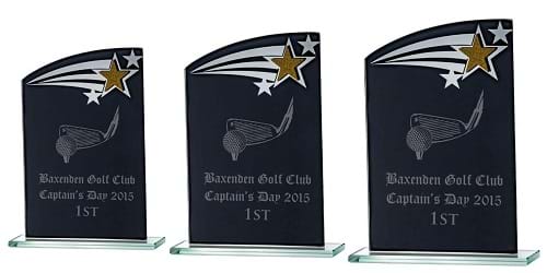 Budget 5mm Thick Black Glass Star Trophies  Engraved Logo & Text GP258 Card Box