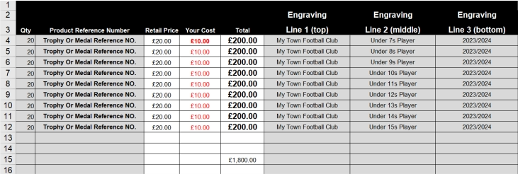 Excel Template for Engraving